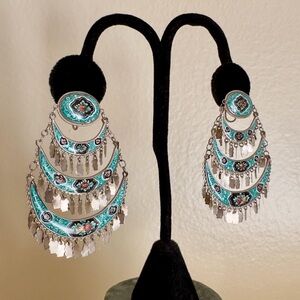 Vtg Boho Chic Sterling Hand Painted Porcelain Chandelier Earrings Screwback
